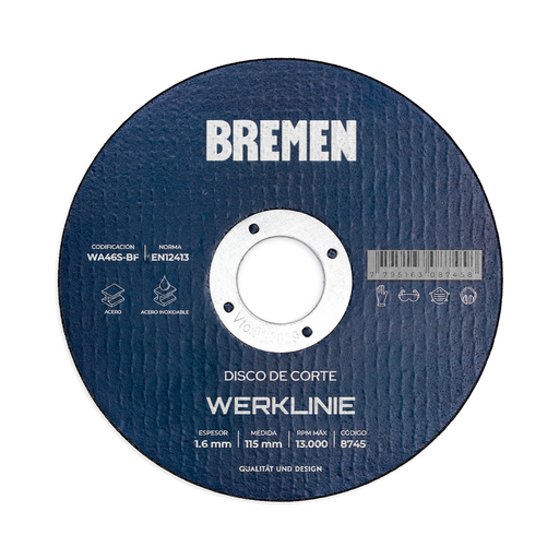 [BR8745] DISCO DE CORTE WERKLINIE 4-1/2" (115x1.6x22mm) [50 unid] [Lata] BREMEN® - BR8745